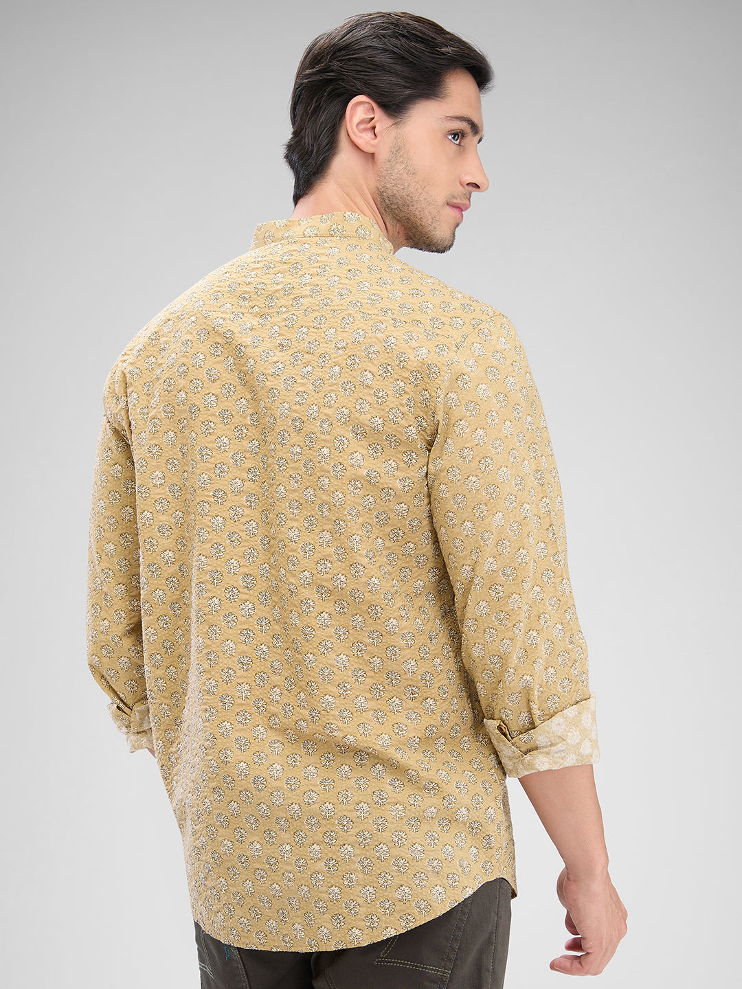 Men Shirt Print Khaki Slim Fit