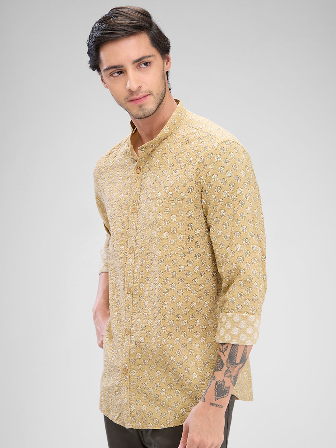 Spykar Sand Khaki Cotton Full Sleeve  Shirt For Men