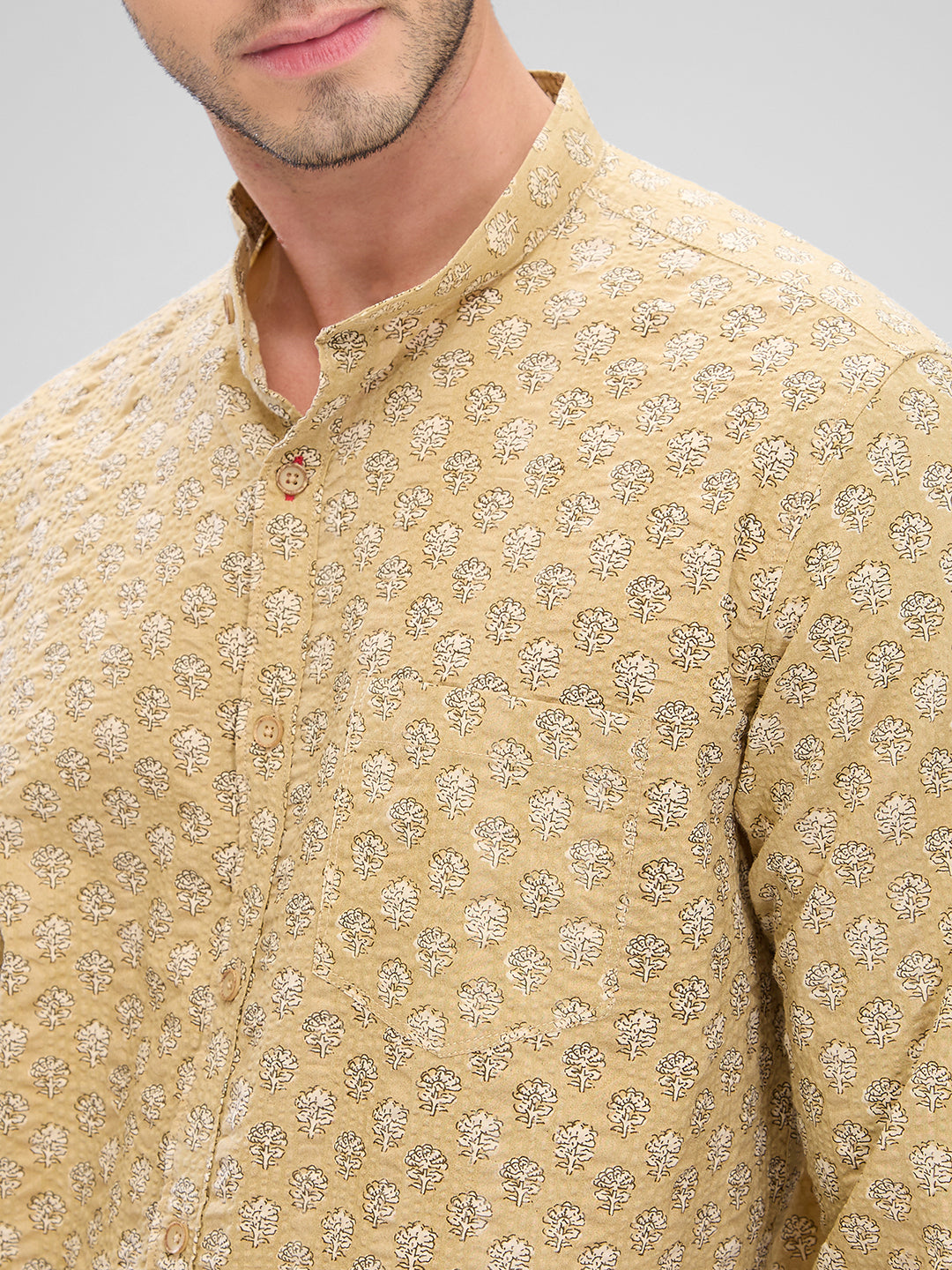 Men Shirt Print Khaki Slim Fit