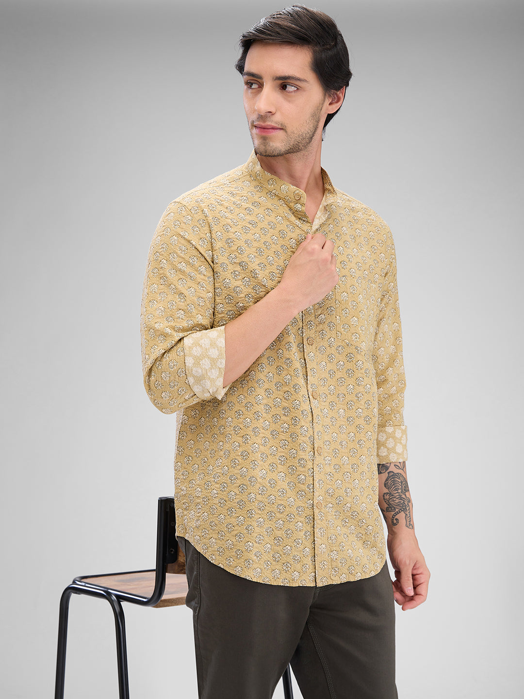 Men Shirt Print Khaki Slim Fit