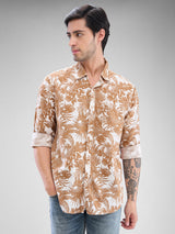 Men Shirt Print Brown Slim Fit