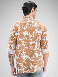 Men Shirt Print Brown Slim Fit