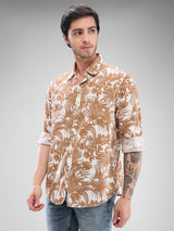 Men Shirt Print Brown Slim Fit