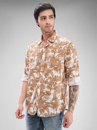 Men Shirt Print Brown Slim Fit