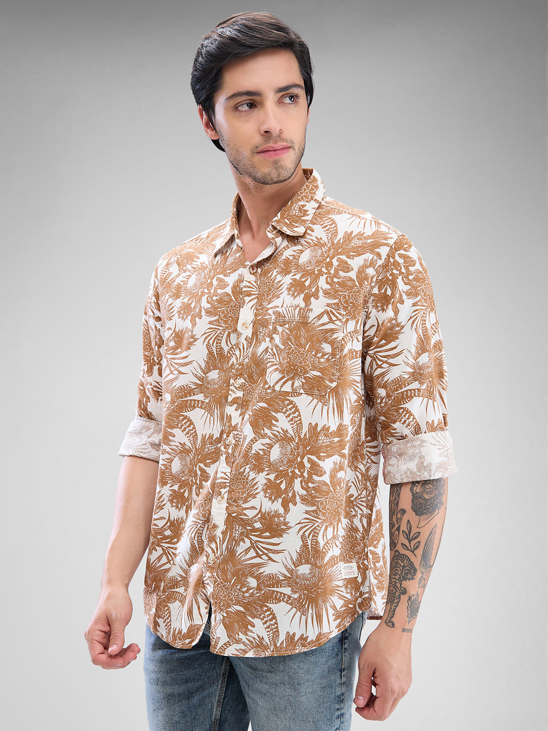 Men Shirt Print Brown Slim Fit