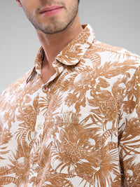 Men Shirt Print Brown Slim Fit
