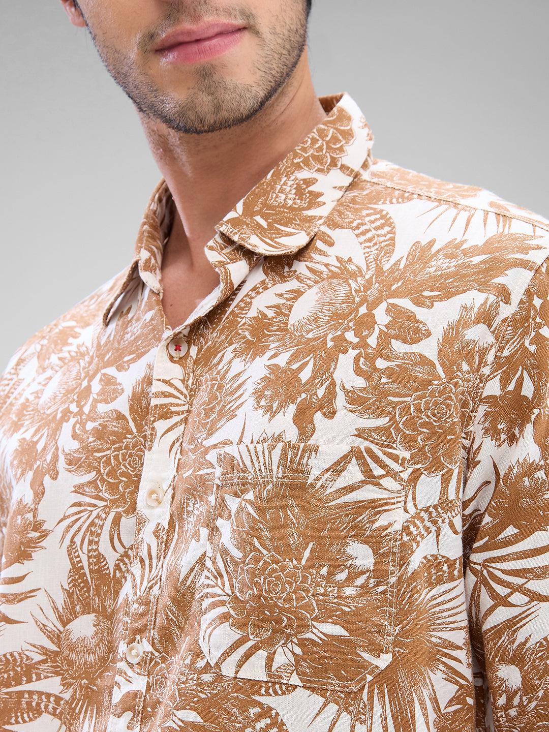 Men Shirt Print Brown Slim Fit