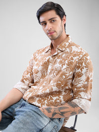 Men Shirt Print Brown Slim Fit