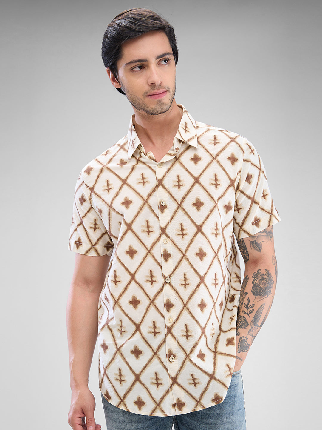 Men Shirt Print Brown Slim Fit
