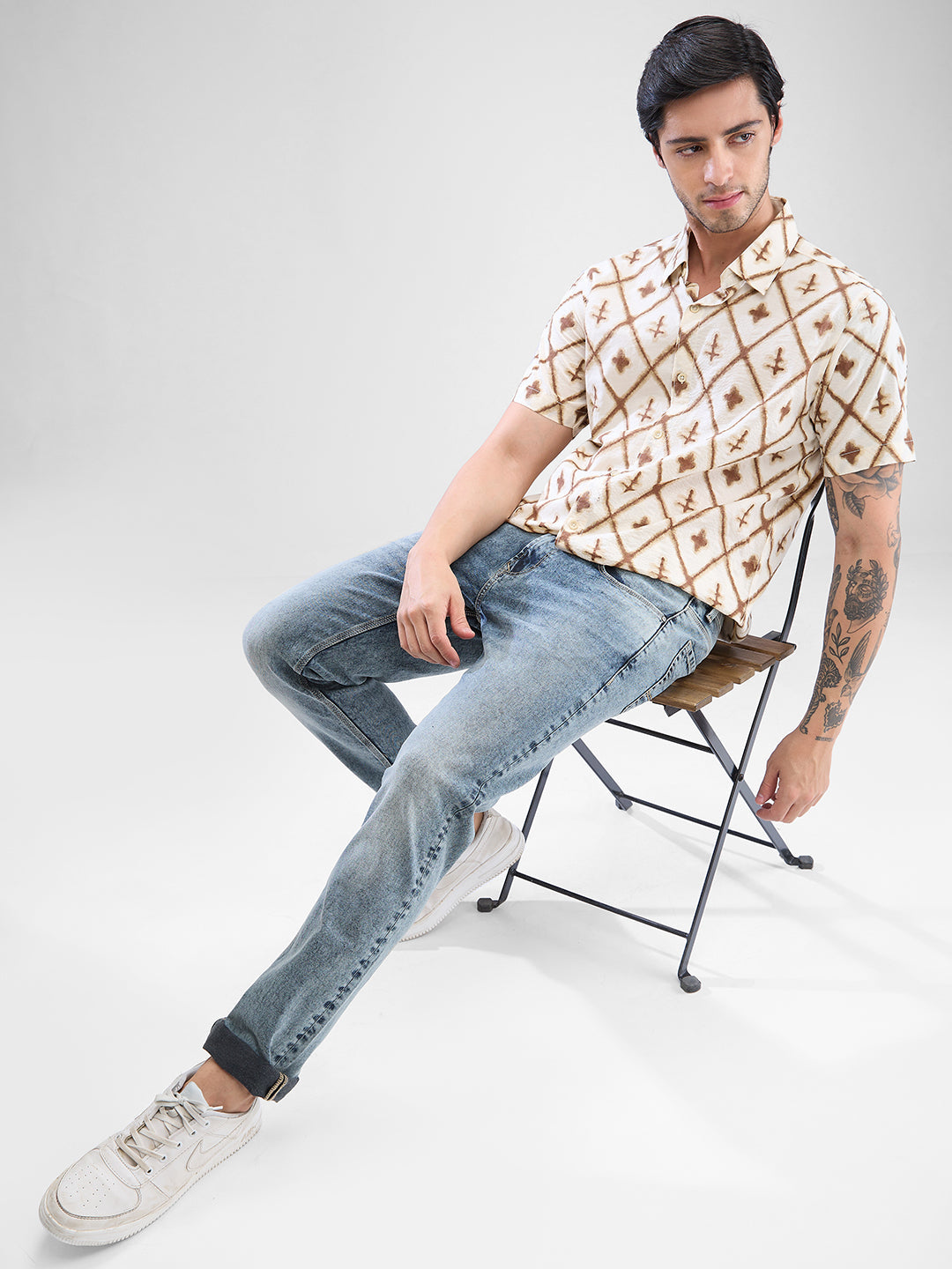 Men Shirt Print Brown Slim Fit