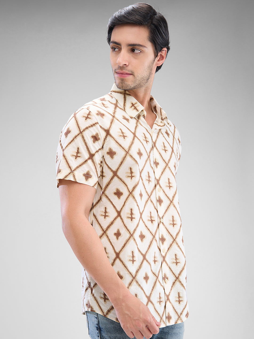 Men Shirt Print Brown Slim Fit