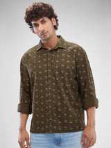 Men Shirt Print Green Slim Fit