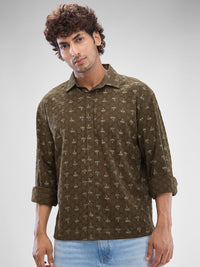 Men Shirt Print Green Slim Fit