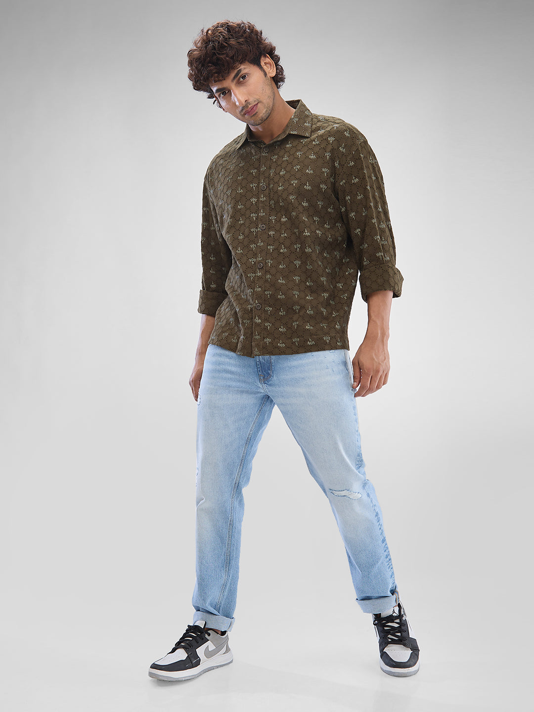Men Shirt Print Green Slim Fit
