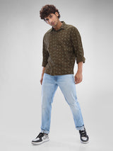 Men Shirt Print Green Slim Fit