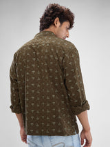 Men Shirt Print Green Slim Fit