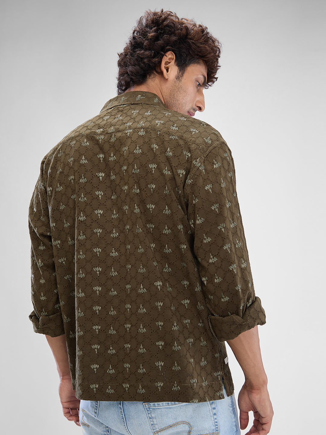 Men Shirt Print Green Slim Fit