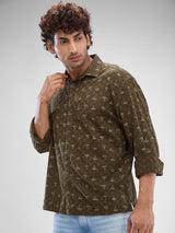 Men Shirt Print Green Slim Fit