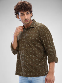Men Shirt Print Green Slim Fit