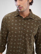 Men Shirt Print Green Slim Fit