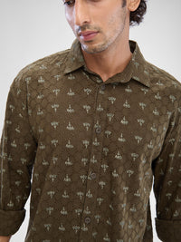 Men Shirt Print Green Slim Fit