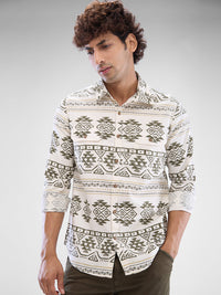 Men Shirt Print White Slim Fit