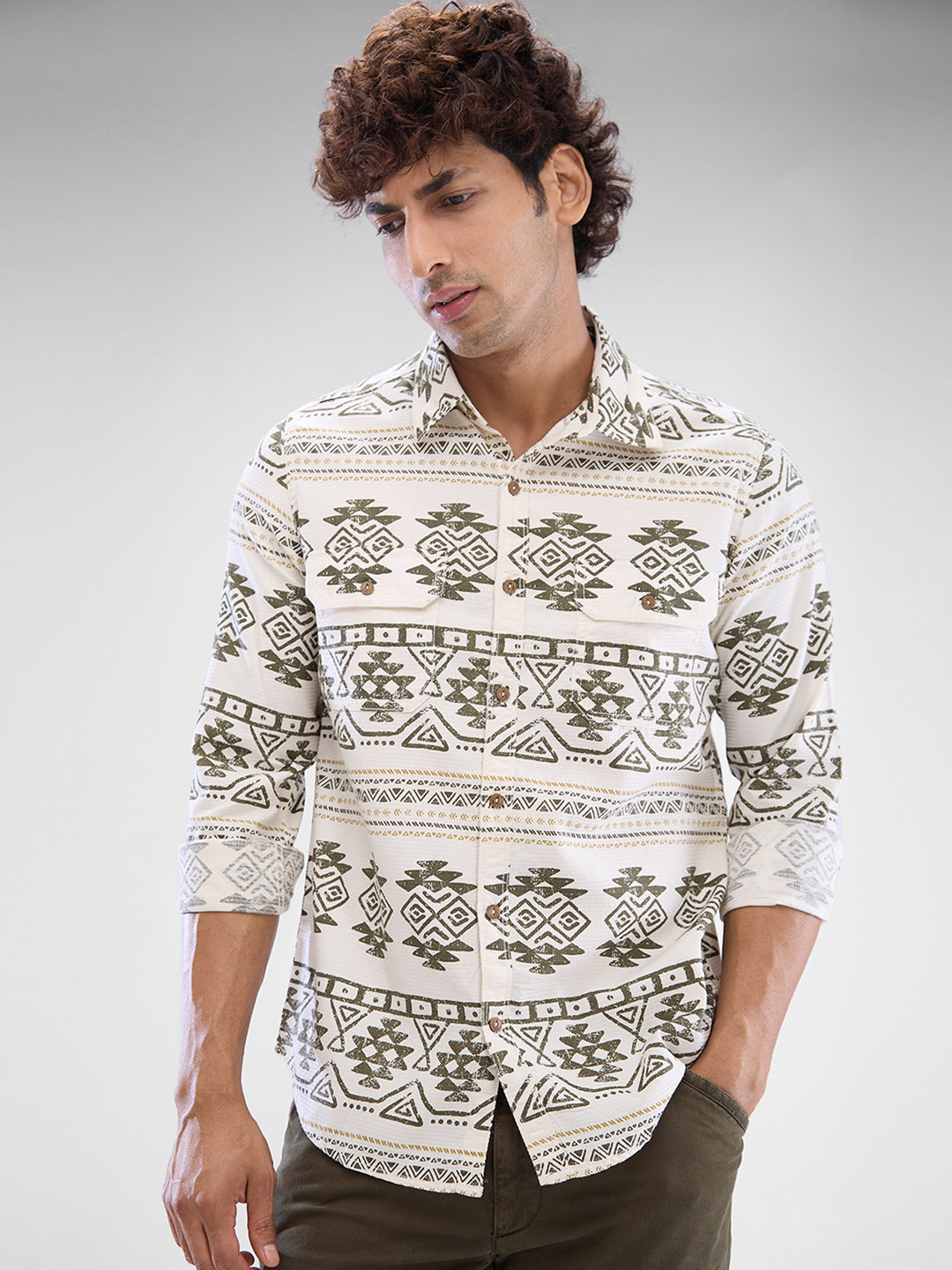 Men Shirt Print White Slim Fit