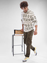 Men Shirt Print White Slim Fit