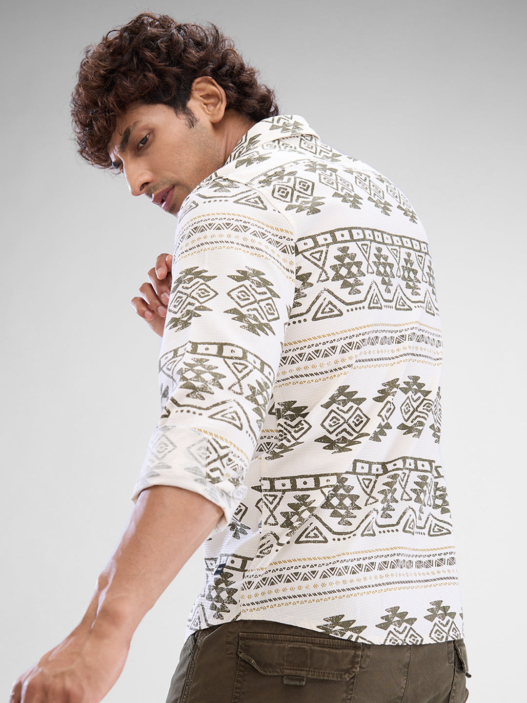 Men Shirt Print White Slim Fit