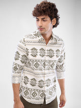Men Shirt Print White Slim Fit