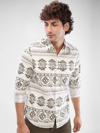 Men Shirt Print White Slim Fit