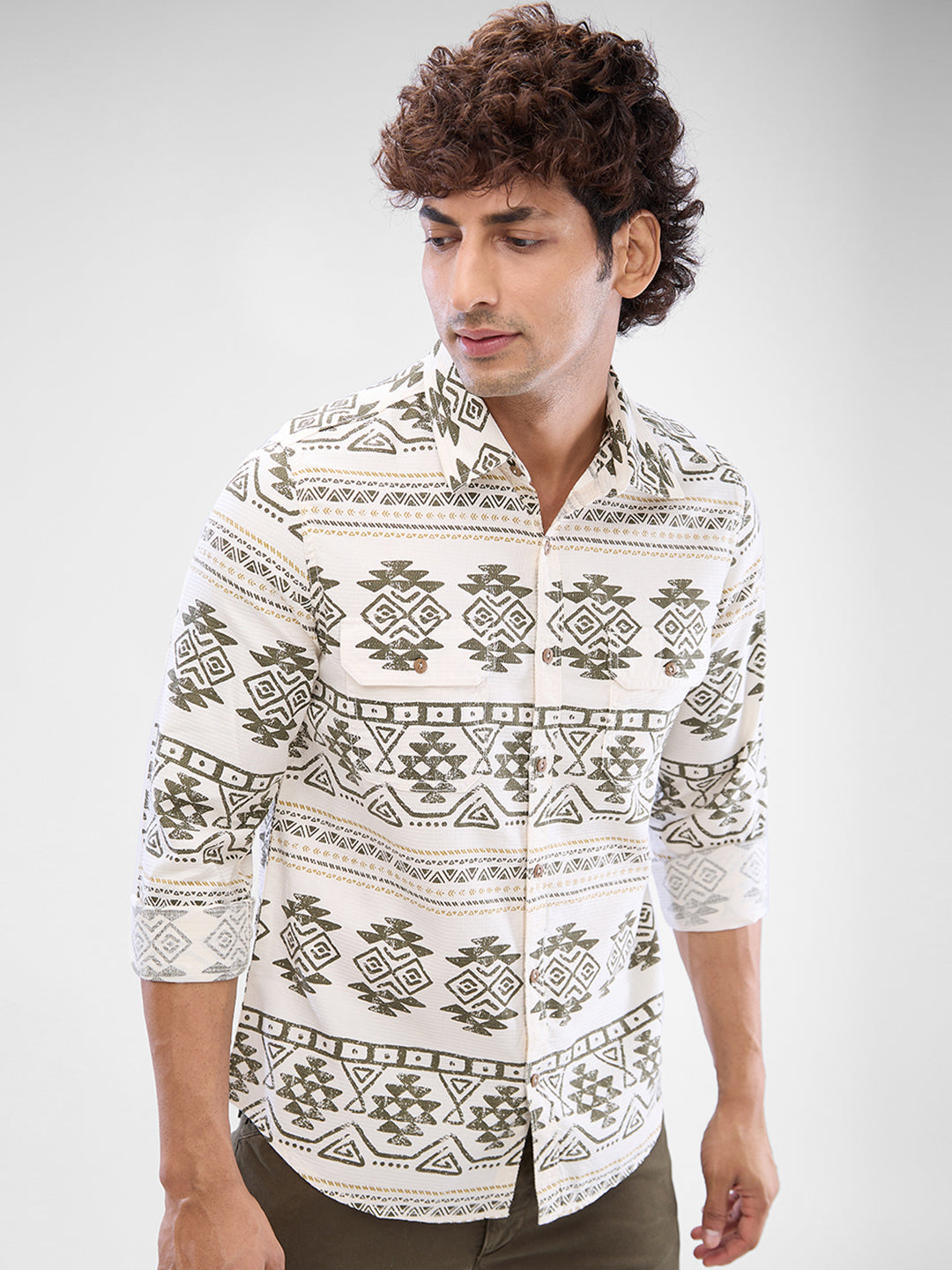 Men Shirt Print White Slim Fit