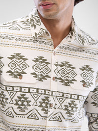 Men Shirt Print White Slim Fit