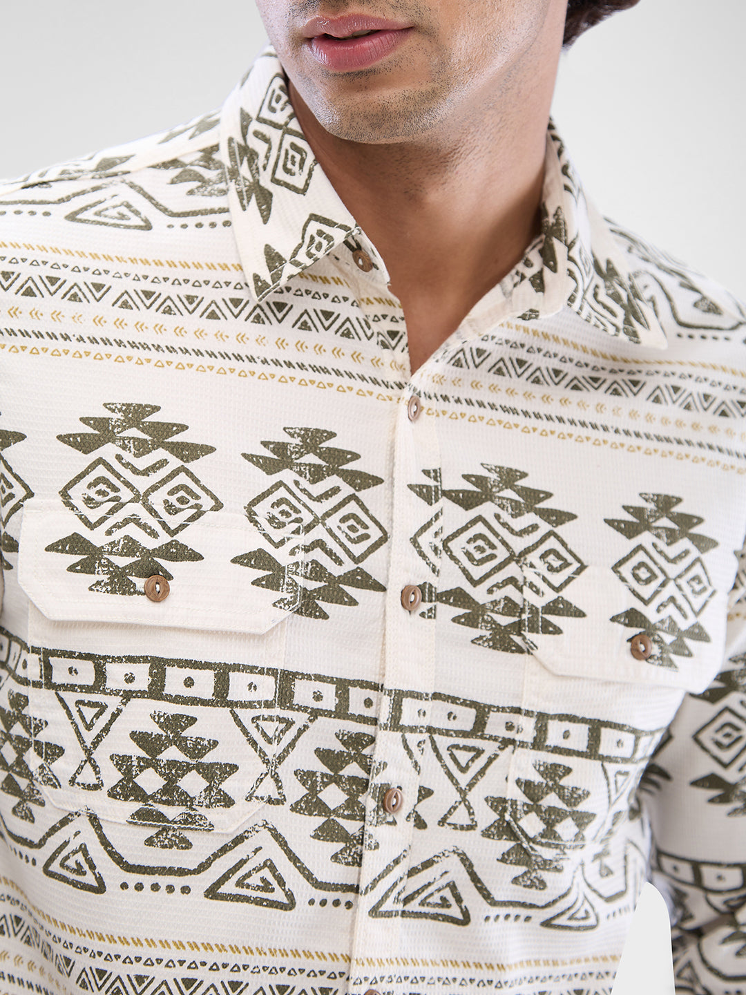 Men Shirt Print White Slim Fit