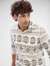 Men Shirt Print White Slim Fit