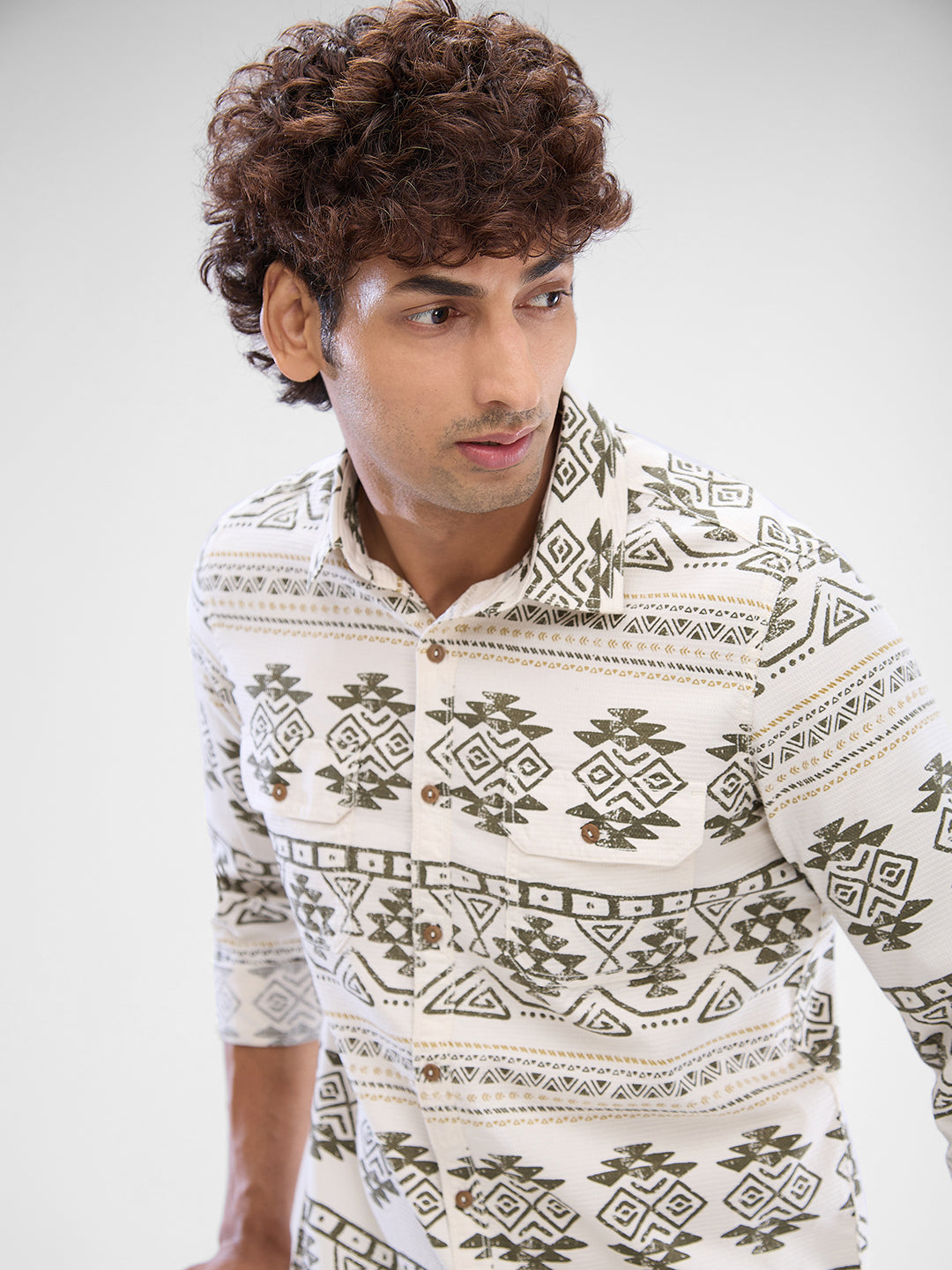 Men Shirt Print White Slim Fit