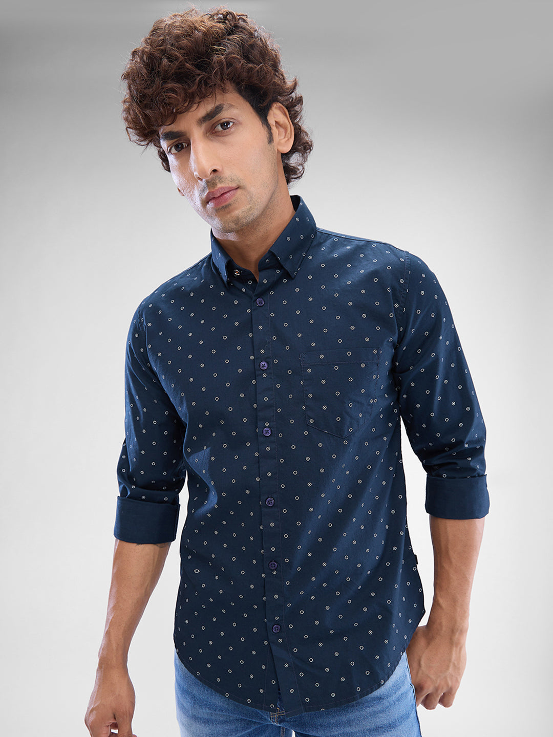 Spykar Navy Blue Cotton Full Sleeve Raised Collar Shirt For Men