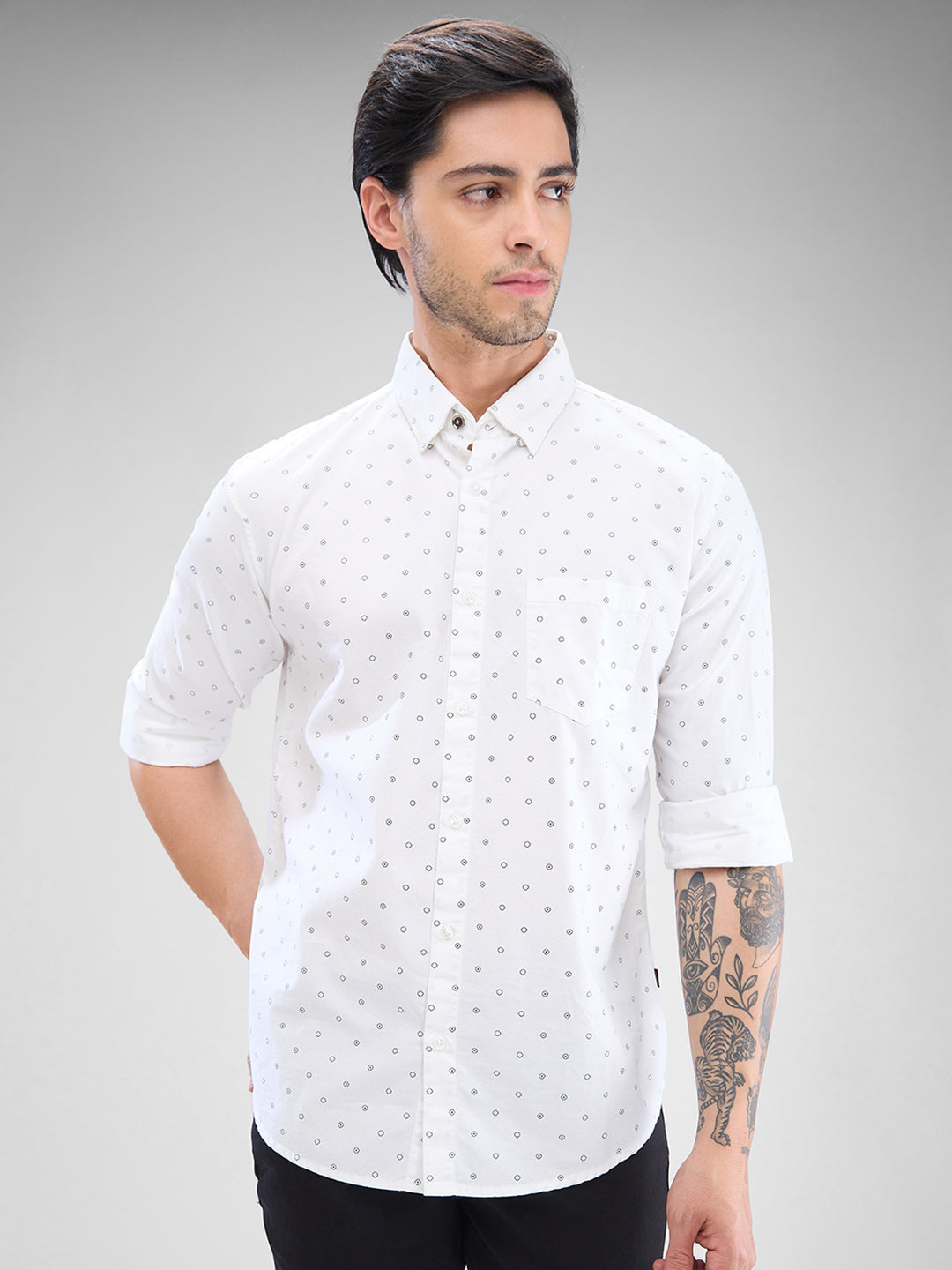 Spykar White Cotton Full Sleeve Raised Collar Shirt For Men