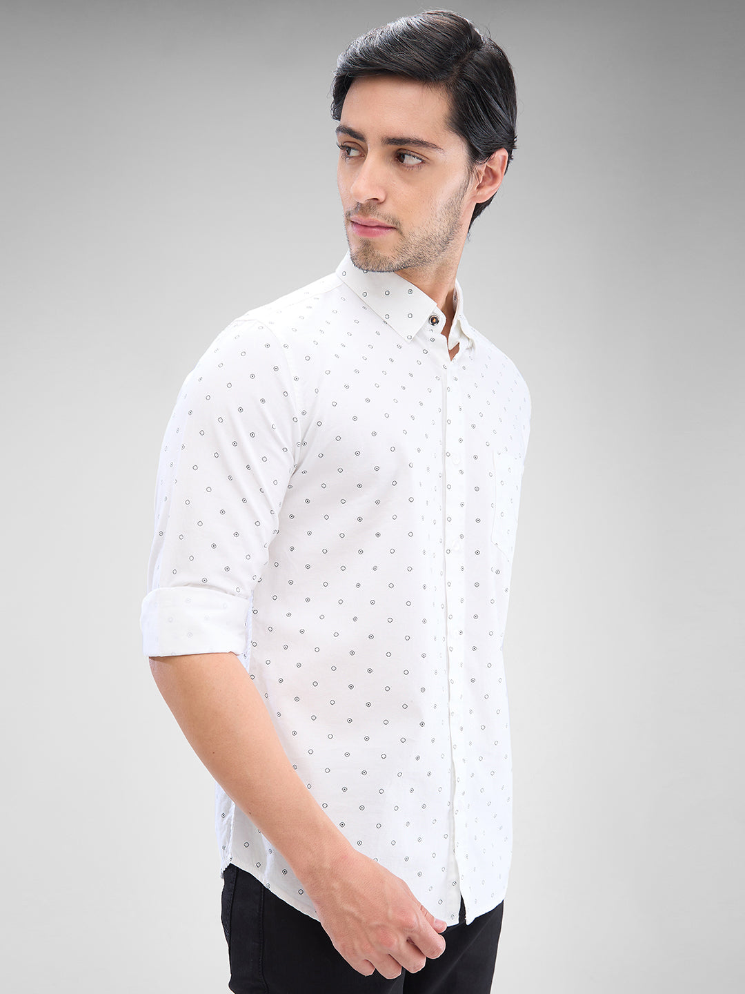 Spykar White Cotton Full Sleeve Raised Collar Shirt For Men