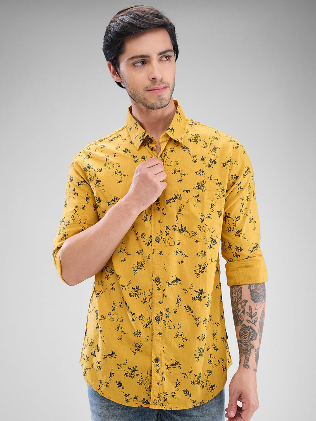 Spykar Dk. Mustard Yellow Cotton Full Sleeve Raised Collar Shirt For Men