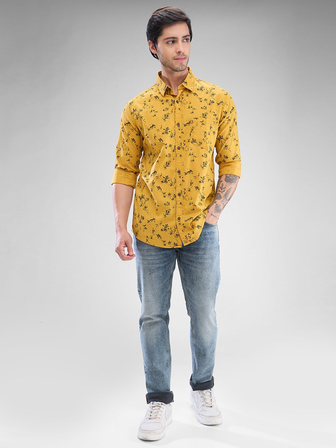 Spykar Dk. Mustard Yellow Cotton Full Sleeve Raised Collar Shirt For Men