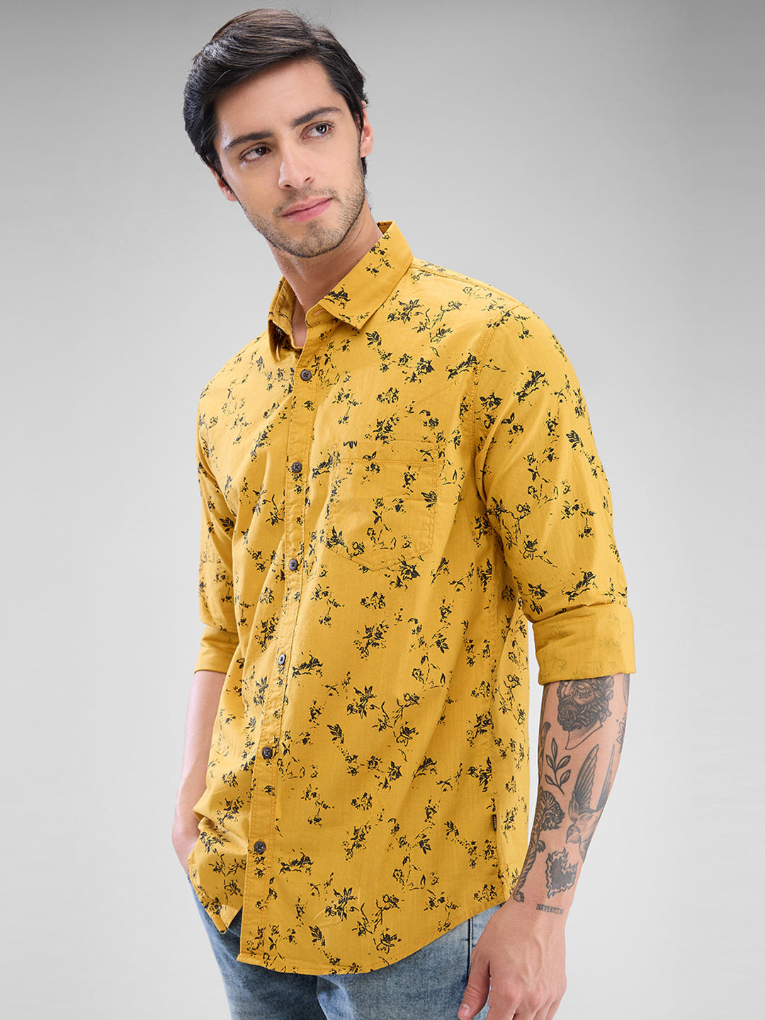 Spykar Dk. Mustard Yellow Cotton Full Sleeve Raised Collar Shirt For Men