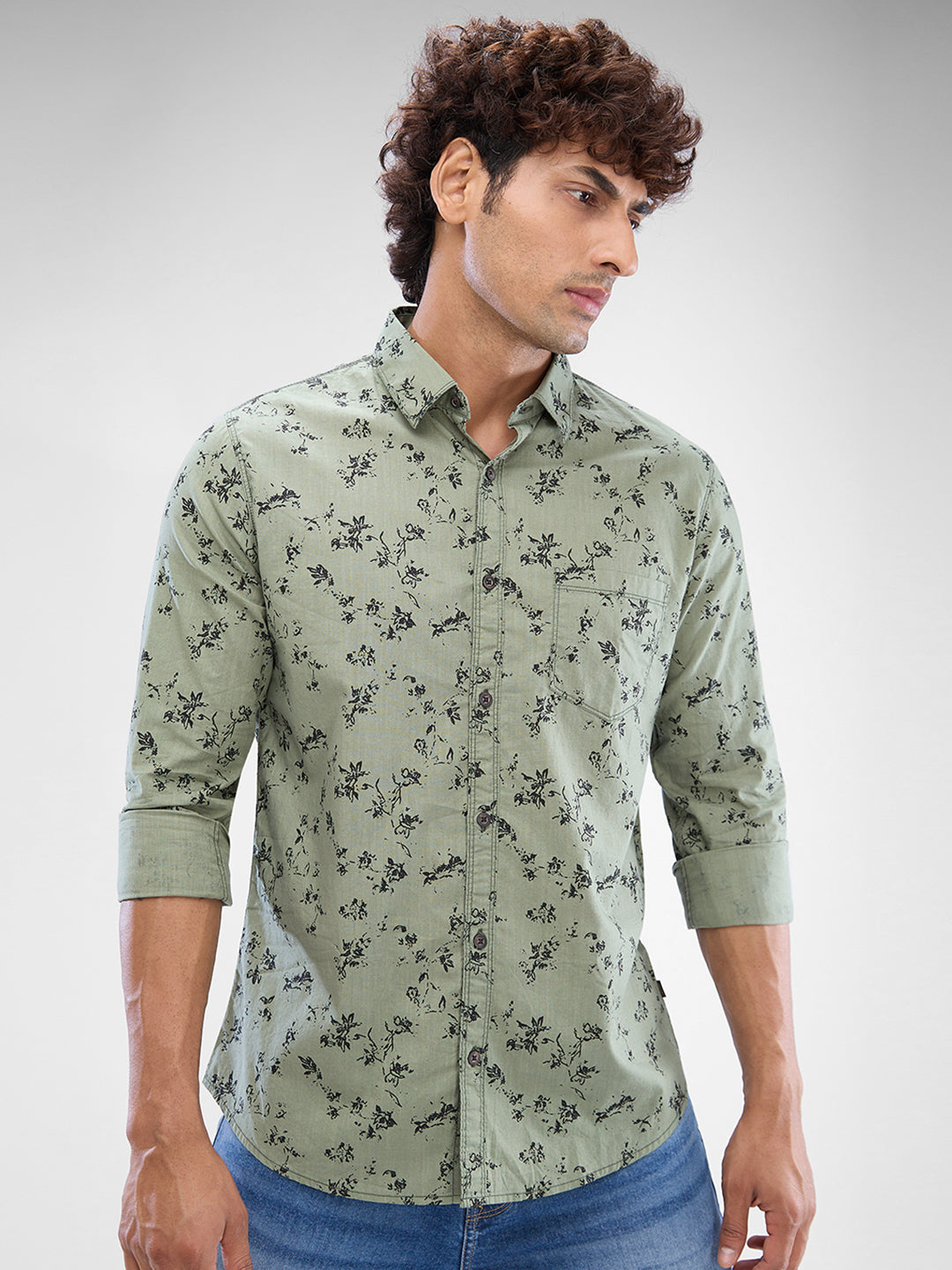 Spykar Sage Green Cotton Full Sleeve Raised Collar Shirt For Men