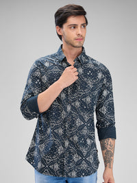Men Shirt Print Black Slim Fit