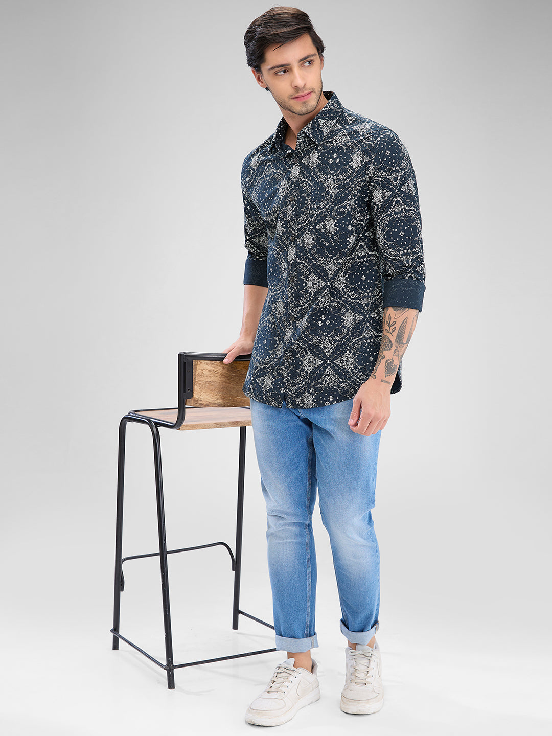 Men Shirt Print Black Slim Fit