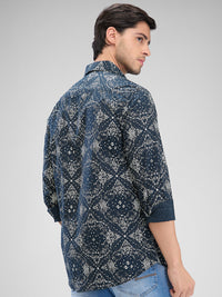 Men Shirt Print Black Slim Fit