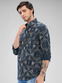 Men Shirt Print Black Slim Fit