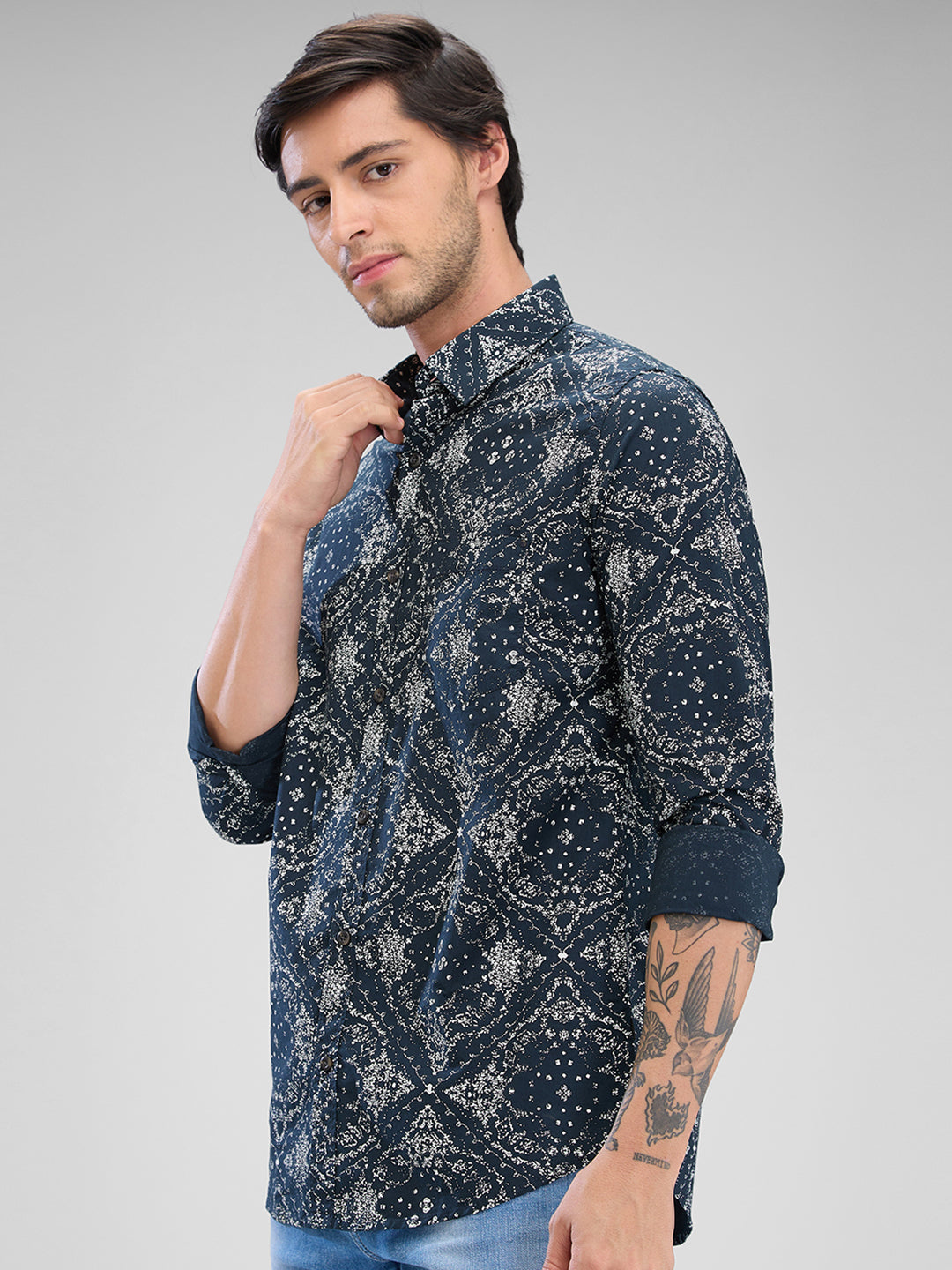 Men Shirt Print Black Slim Fit
