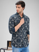 Men Shirt Print Black Slim Fit