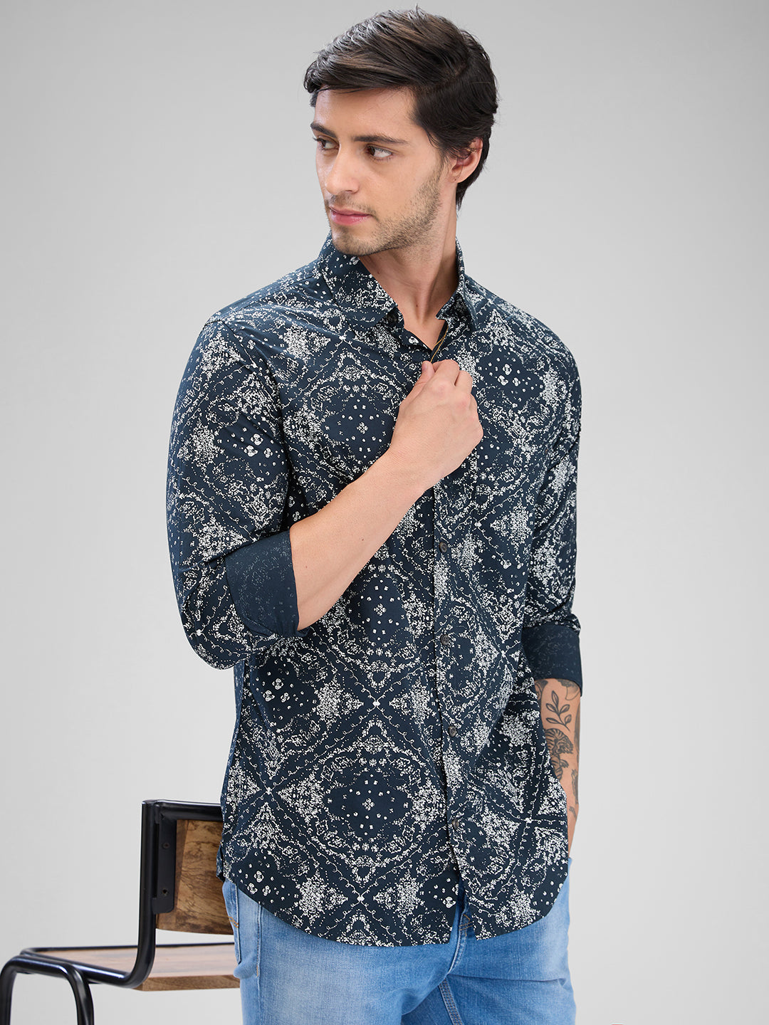 Men Shirt Print Black Slim Fit